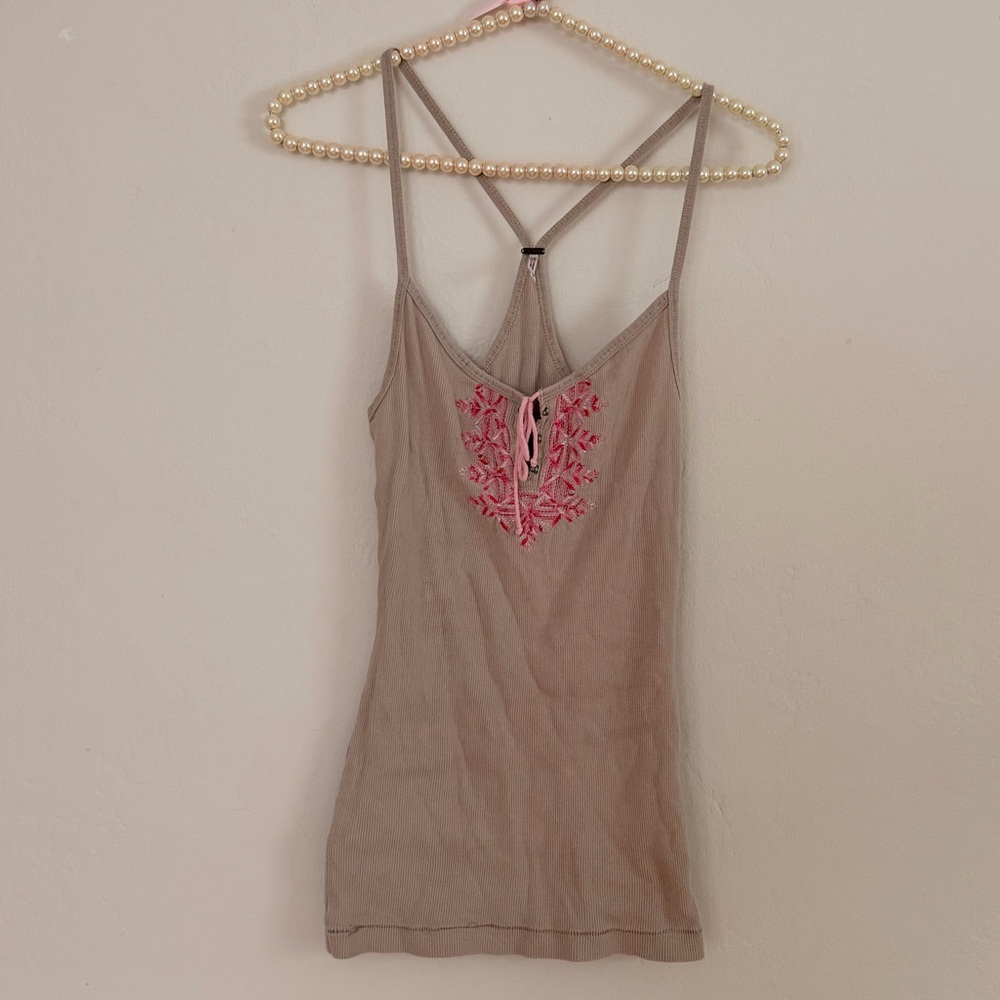 Free People Cami Tank Razorback with Pink Floral Embroidery Medium